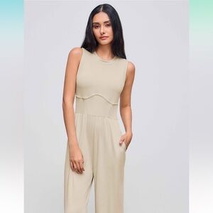 Cider Ribbed Solid Sleeveless Wide Leg Jumpsuit Cream VIRAL